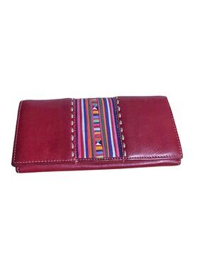 Red Faux Leather Wallet With Multicolor Stripe Accent Folk Art Bird Logo